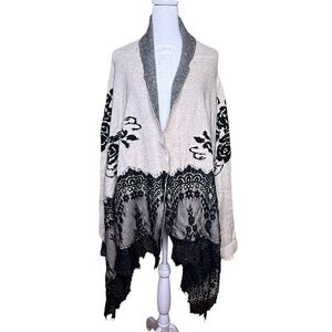 Simply Couture Boho Lace Open Front Cardigan Duster Tan Black Goth Cottagecore